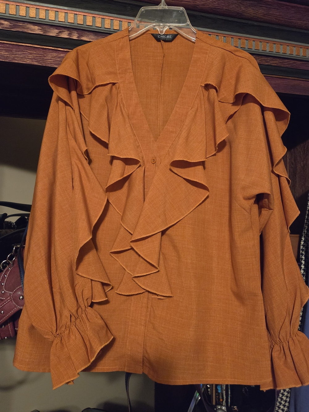 chic Ruffle Front Blouse in Rust Orange